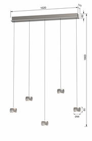 Moderne LED-Pendelleuchte mit fünf hängenden Leuchtkörpern, seitliche Perspektive.
