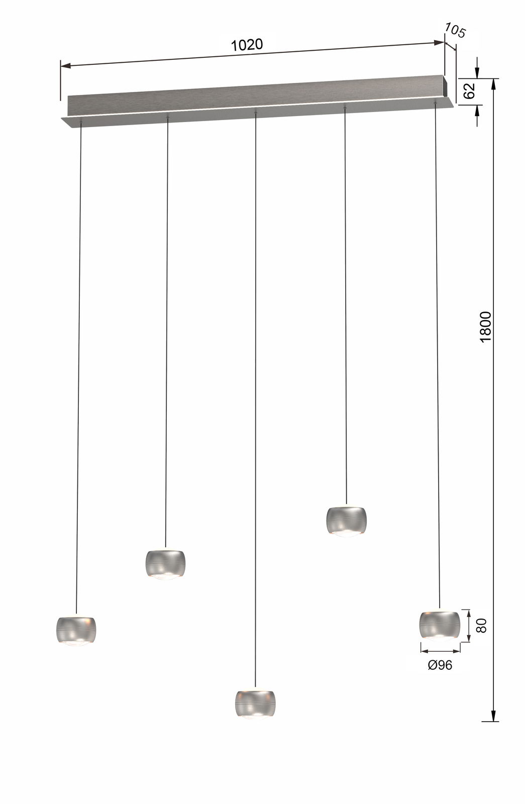 Moderne LED-Pendelleuchte mit fünf hängenden Leuchtkörpern, seitliche Perspektive.