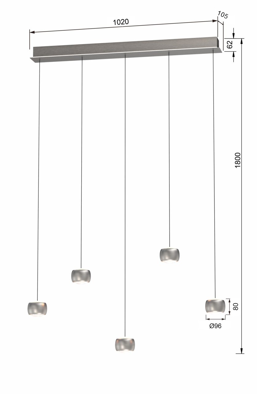 Moderne LED-Pendelleuchte mit fünf hängenden Leuchtkörpern, seitliche Perspektive.