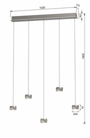 Moderne LED-Pendelleuchte mit fünf hängenden Leuchtkörpern, seitliche Perspektive.