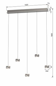 Moderne LED-hanglamp met vijf hangende lampen, zijaanzicht.