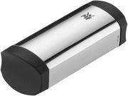 Muskatreibe aus Edelstahl mit schwarzem Kunststoff an den Enden, seitliche Perspektive