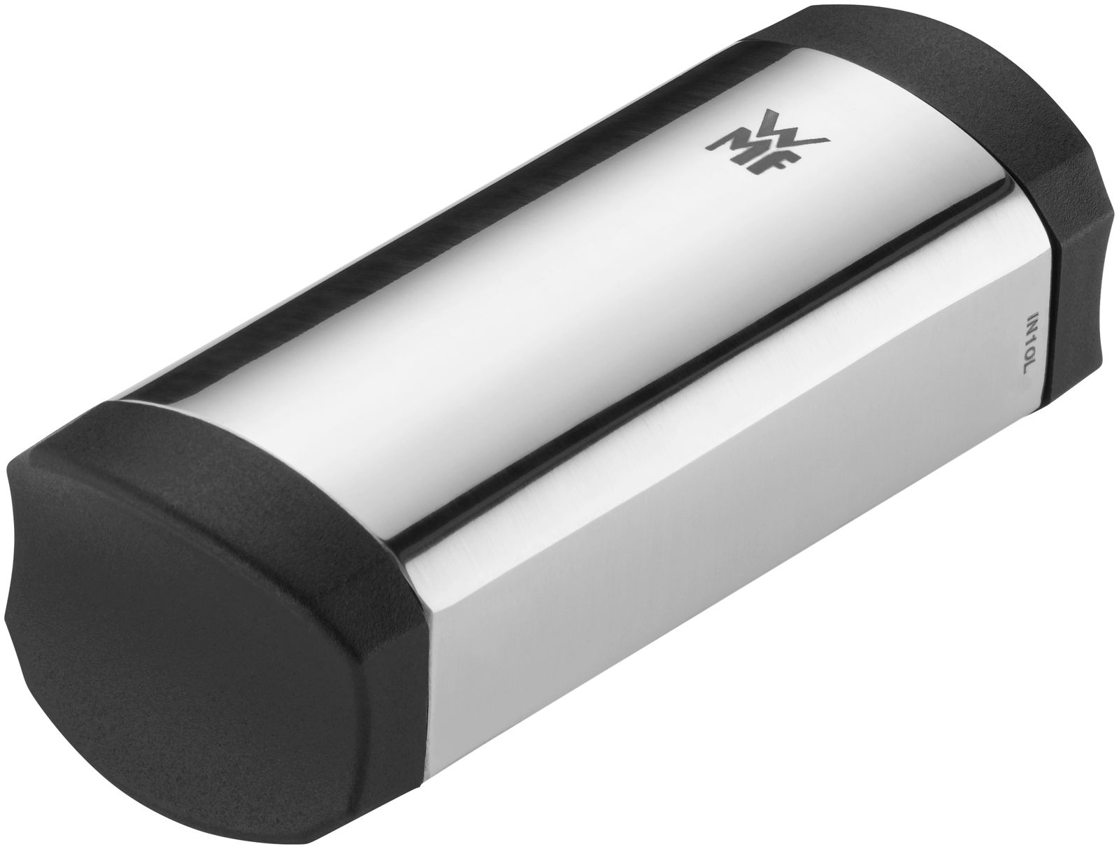 Muskatreibe aus Edelstahl mit schwarzem Kunststoff an den Enden, seitliche Perspektive