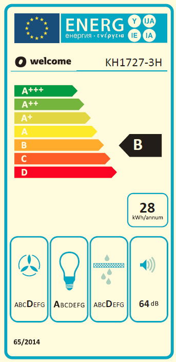 Energieeffizienzlabel für ein Küchengerät, Klasse B, 28 kWh pro Jahr, 64 dB, Frontalansicht