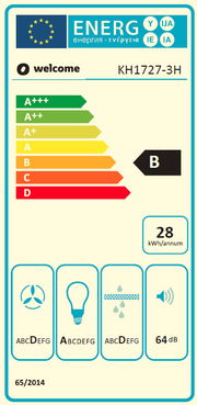 Energieeffizienzlabel für ein Küchengerät, Klasse B, 28 kWh pro Jahr, 64 dB, Frontalansicht
