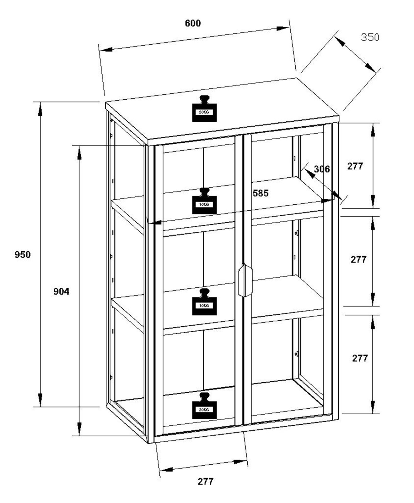Technische Strichzeichnung eines hohen Schranks/Regals mit zwei Glastüren und drei Einlegeböden, Maße ca. 600 x 350 x 950 mm, perspektivische Ansicht schräg von vorn rechts mit Maßangaben und Belastungshinweisen.