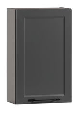 Grauer Hängeschrank mit schlichter Frontansicht und schwarzem Griff, seitliche Perspektive