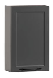 Grauer Hängeschrank mit schlichter Frontansicht und schwarzem Griff, seitliche Perspektive