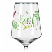 Weinglas mit der Aufschrift 'Enjoy & Smile' und floralen Motiven, Vorderansicht