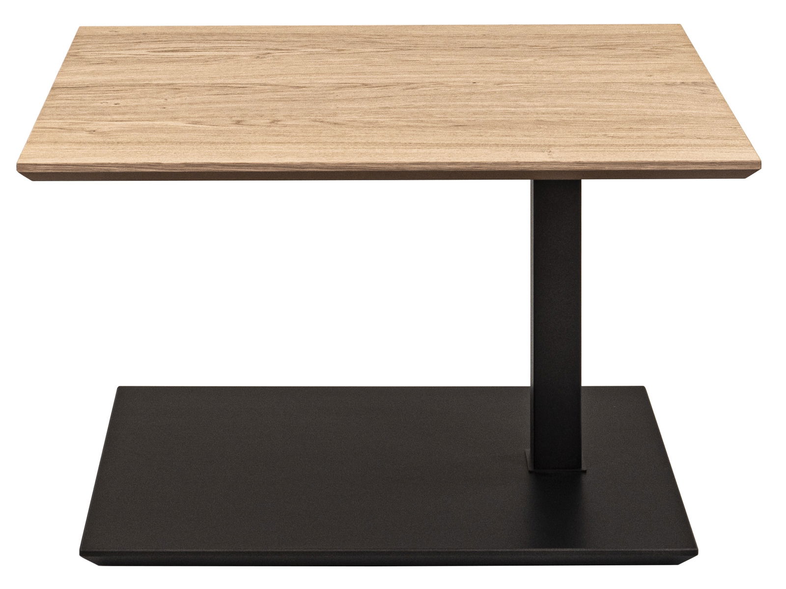 Moderner Couchtisch mit Holzplatte und schwarzem Metallgestell, seitliche Perspektive