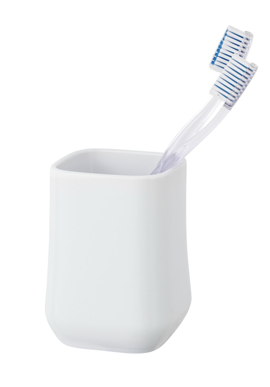 Schöner Wohnen Zahnputzbecher ADINE Weißer Keramik Zahnputzbecher Adine mit zwei Zahnbürsten, seitliche Perspektive