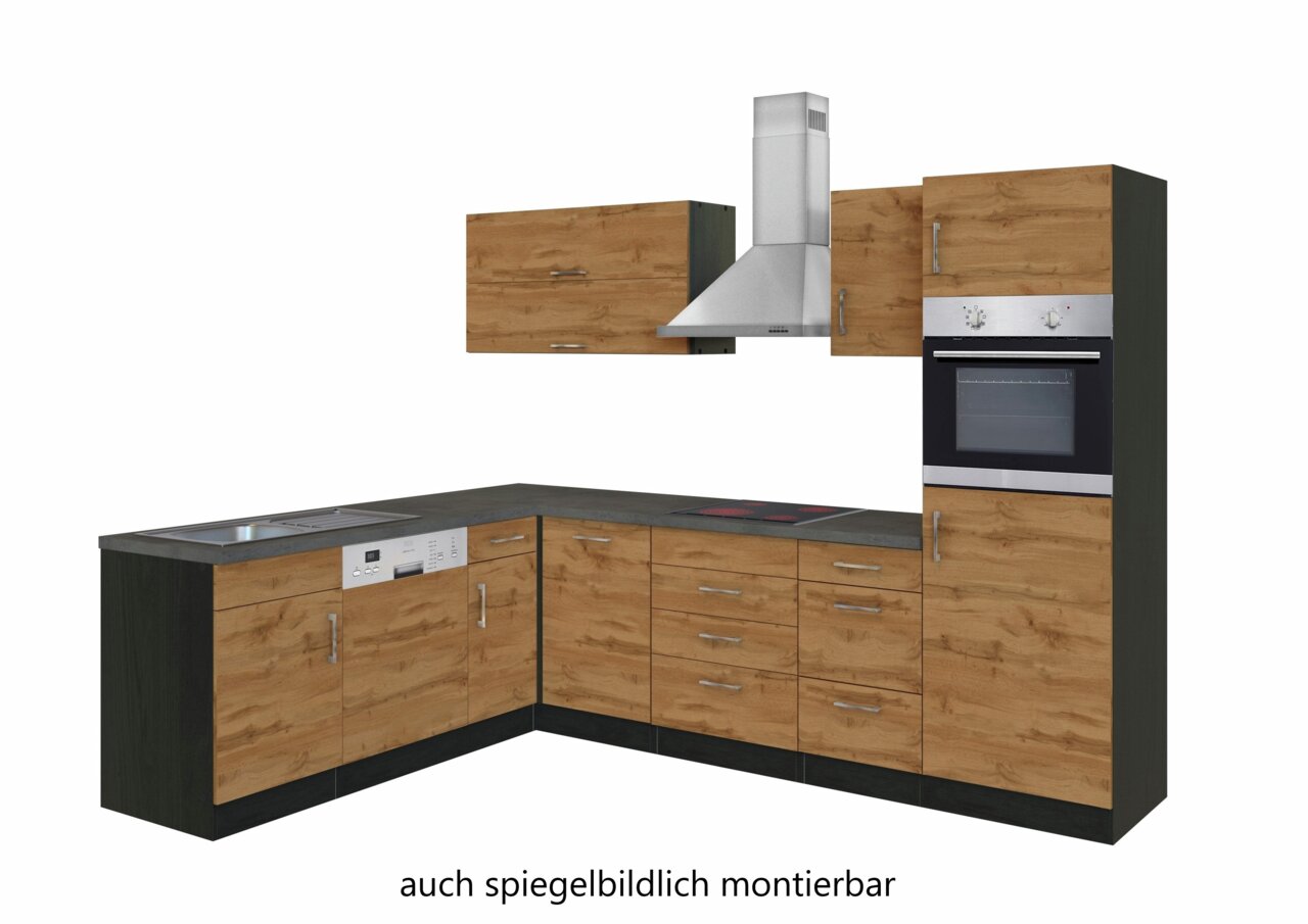 Eck-Küchenzeile in Holzoptik mit Elektrogeräten, Ansicht von vorne links
