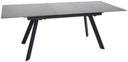 Moderner Esstisch mit grauer Tischplatte und schwarzen, schrägen Beinen, seitliche Perspektive