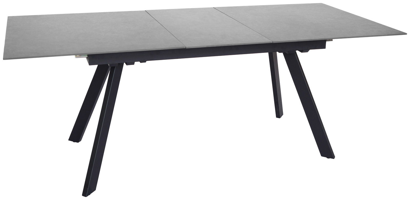 Moderner Esstisch mit grauer Tischplatte und schwarzen, schrägen Beinen, seitliche Perspektive