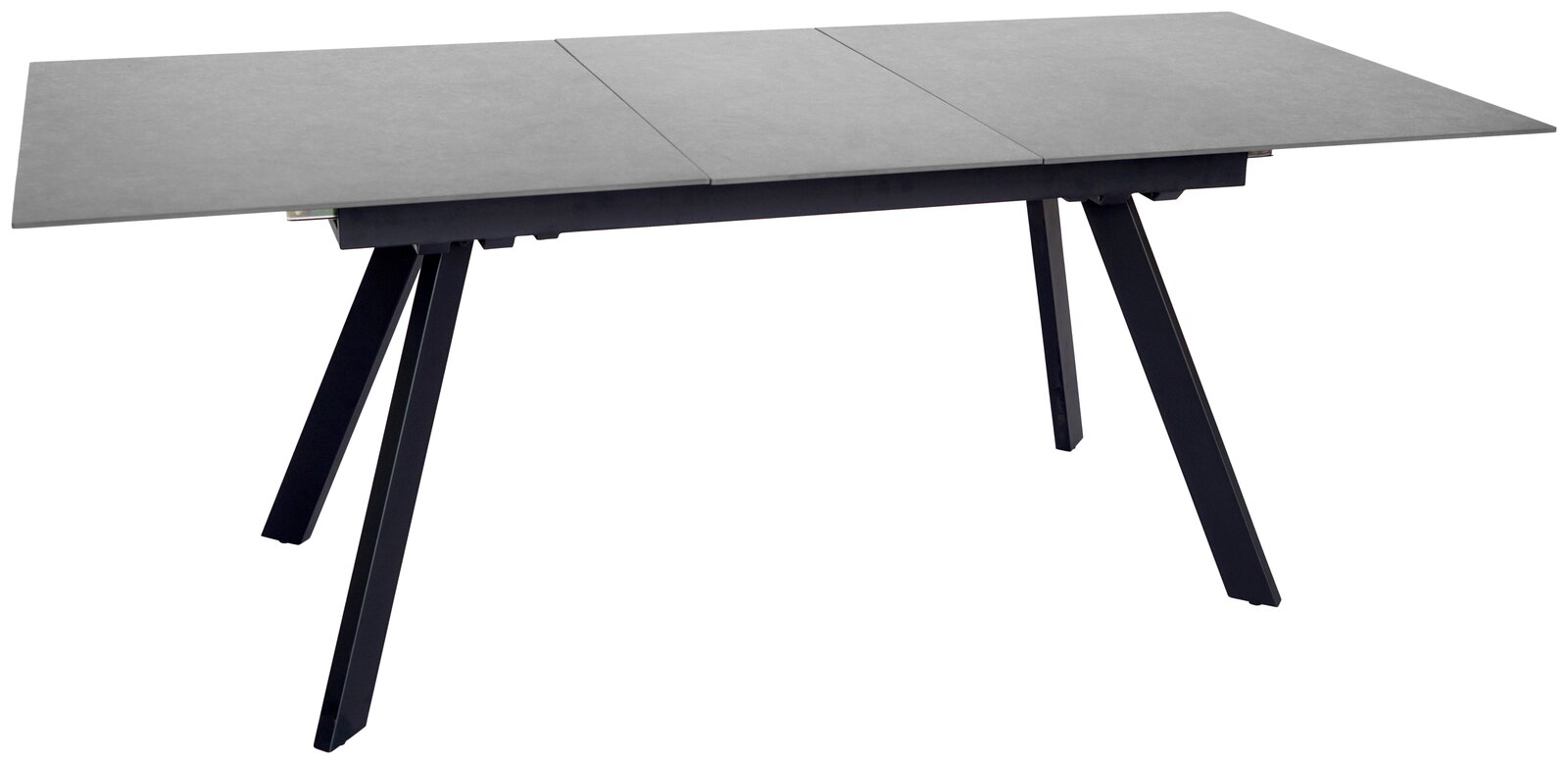 Moderner Esstisch mit grauer Tischplatte und schwarzen, schrägen Beinen, seitliche Perspektive