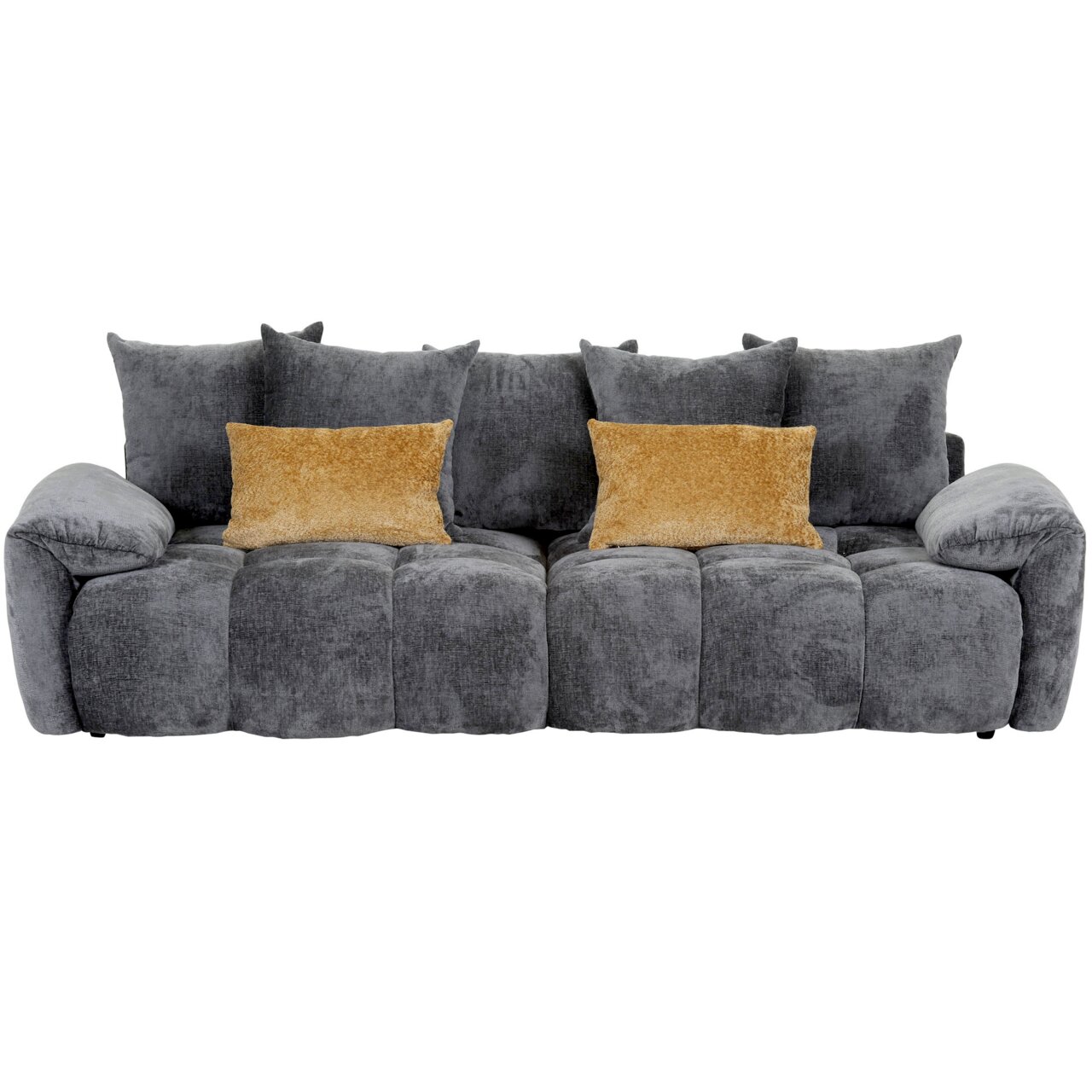 Graues Megasofa mit mehreren Kissen, frontal betrachtet