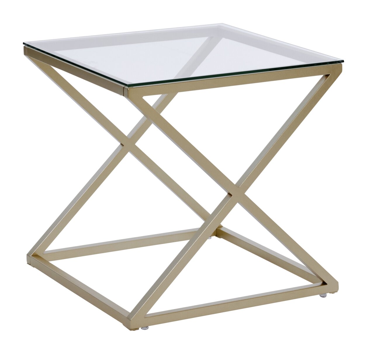 Moderner Beistell- oder Nachttisch mit Glasplatte und goldfarbenem Metallgestell, seitliche Perspektive