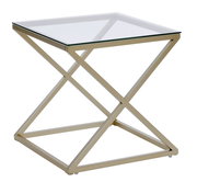 Moderner Beistell- oder Nachttisch mit Glasplatte und goldfarbenem Metallgestell, seitliche Perspektive