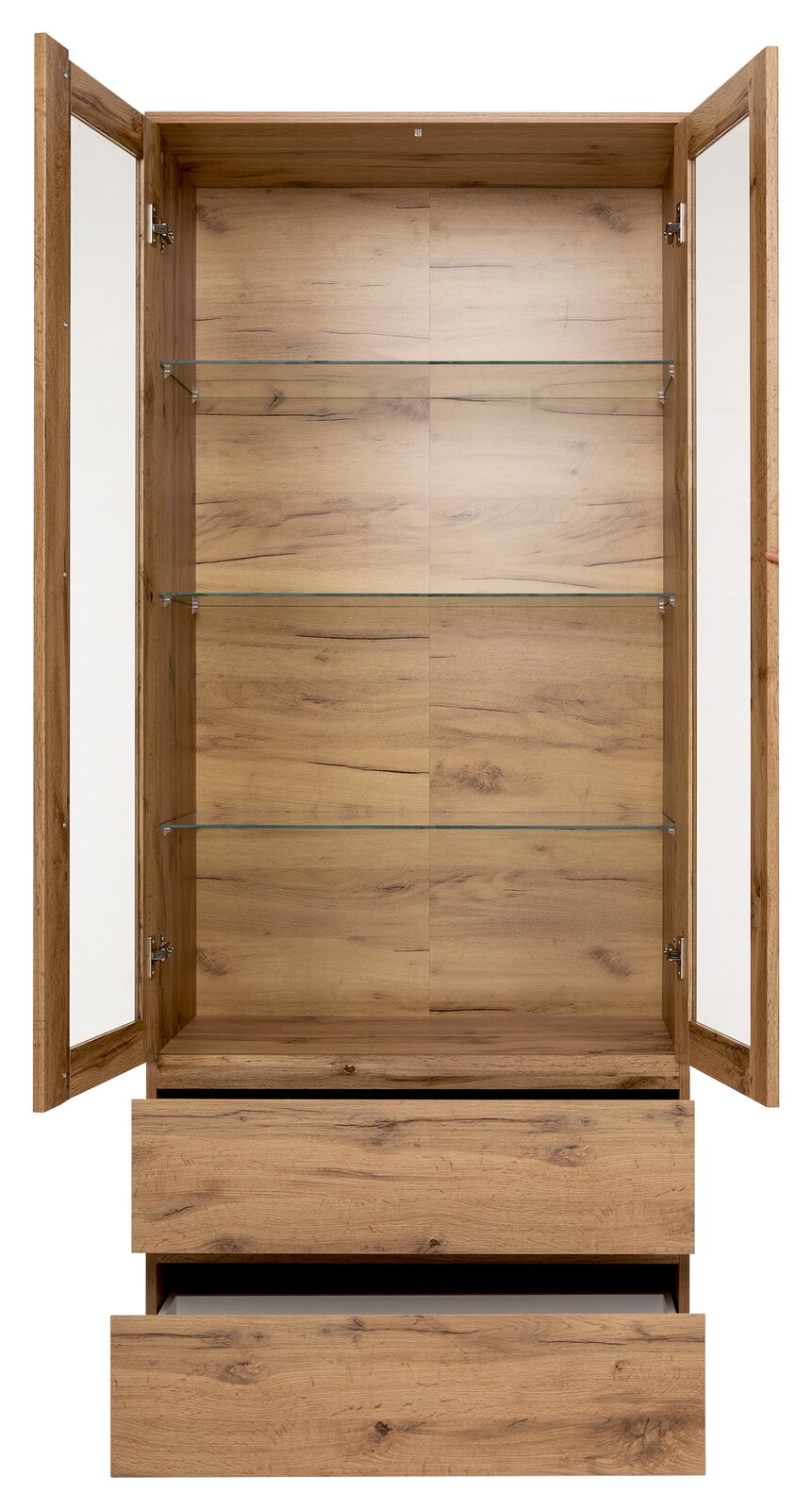 Geöffnete Vitrine aus Holz mit Glaseinlegeböden und zwei Schubladen, frontale Ansicht.