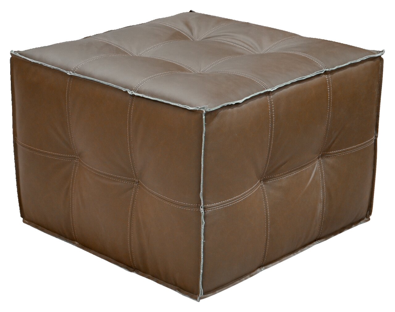 Brauner, gepolsterter Hocker aus Leder in quadratischer Form, seitliche Perspektive