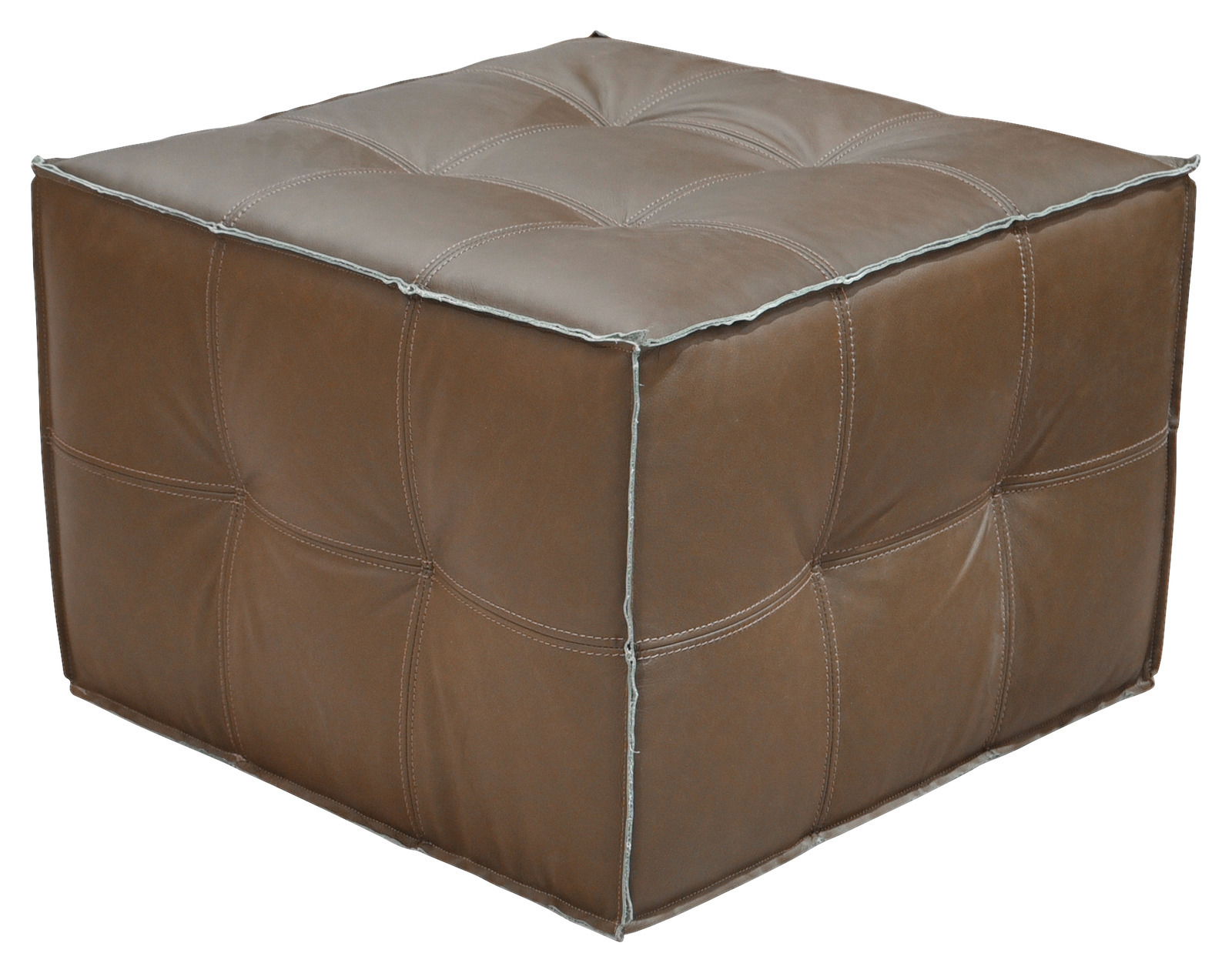 Brauner, gepolsterter Hocker aus Leder in quadratischer Form, seitliche Perspektive