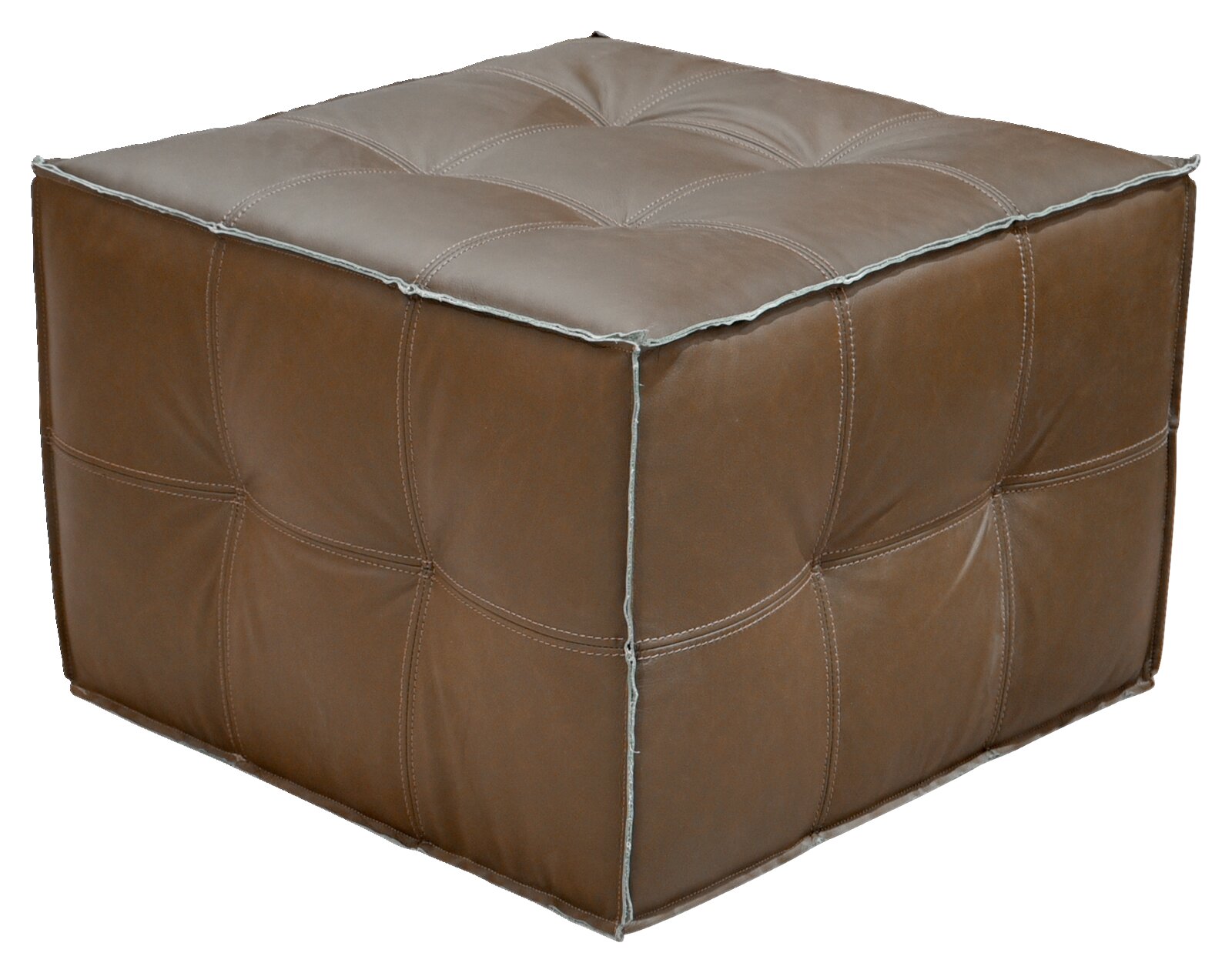 Brauner, gepolsterter Hocker aus Leder in quadratischer Form, seitliche Perspektive