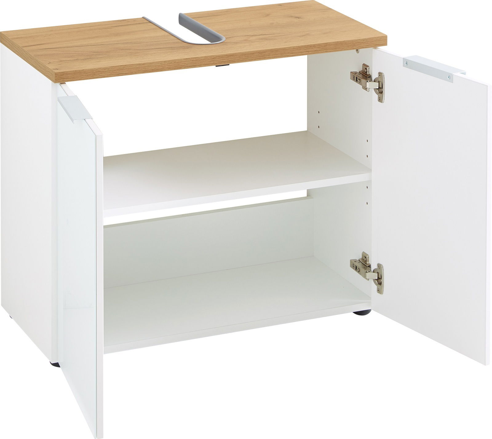 MID.YOU Waschtischunterschrank PESCARA Unterschrank mit zwei offenen Türen, weiß mit Holzoberfläche, Frontansicht