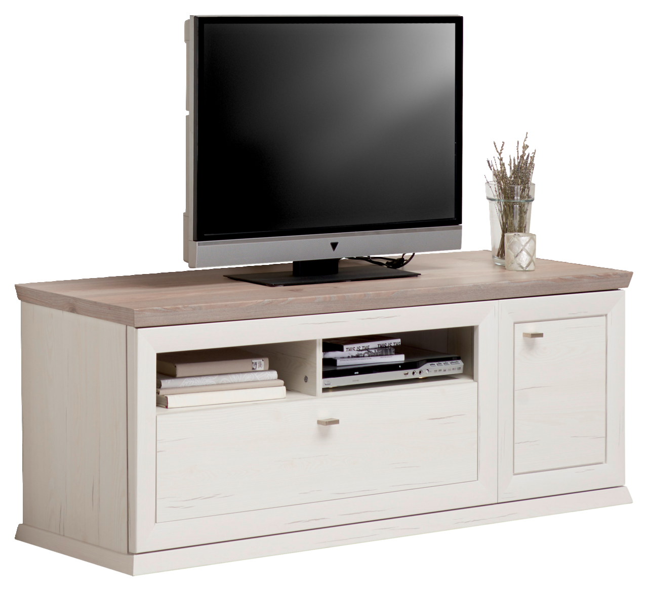 Hom´in TV-Lowboard CAMRON TV-Lowboard CAMRON in heller Holzoptik mit Fernseher und Dekoration, frontale Perspektive
