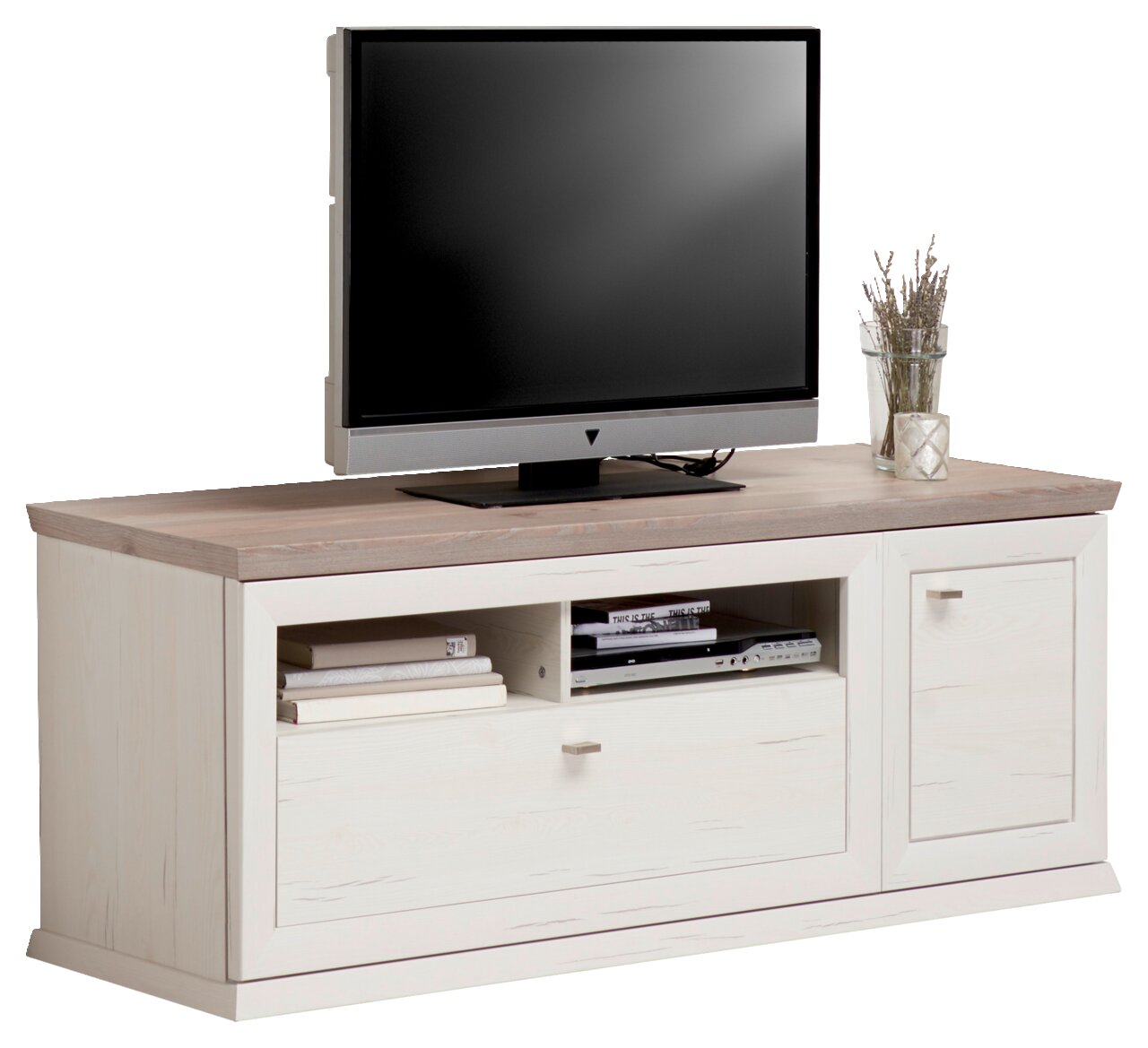 TV-Lowboard CAMRON in heller Holzoptik mit Fernseher und Dekoration, frontale Perspektive