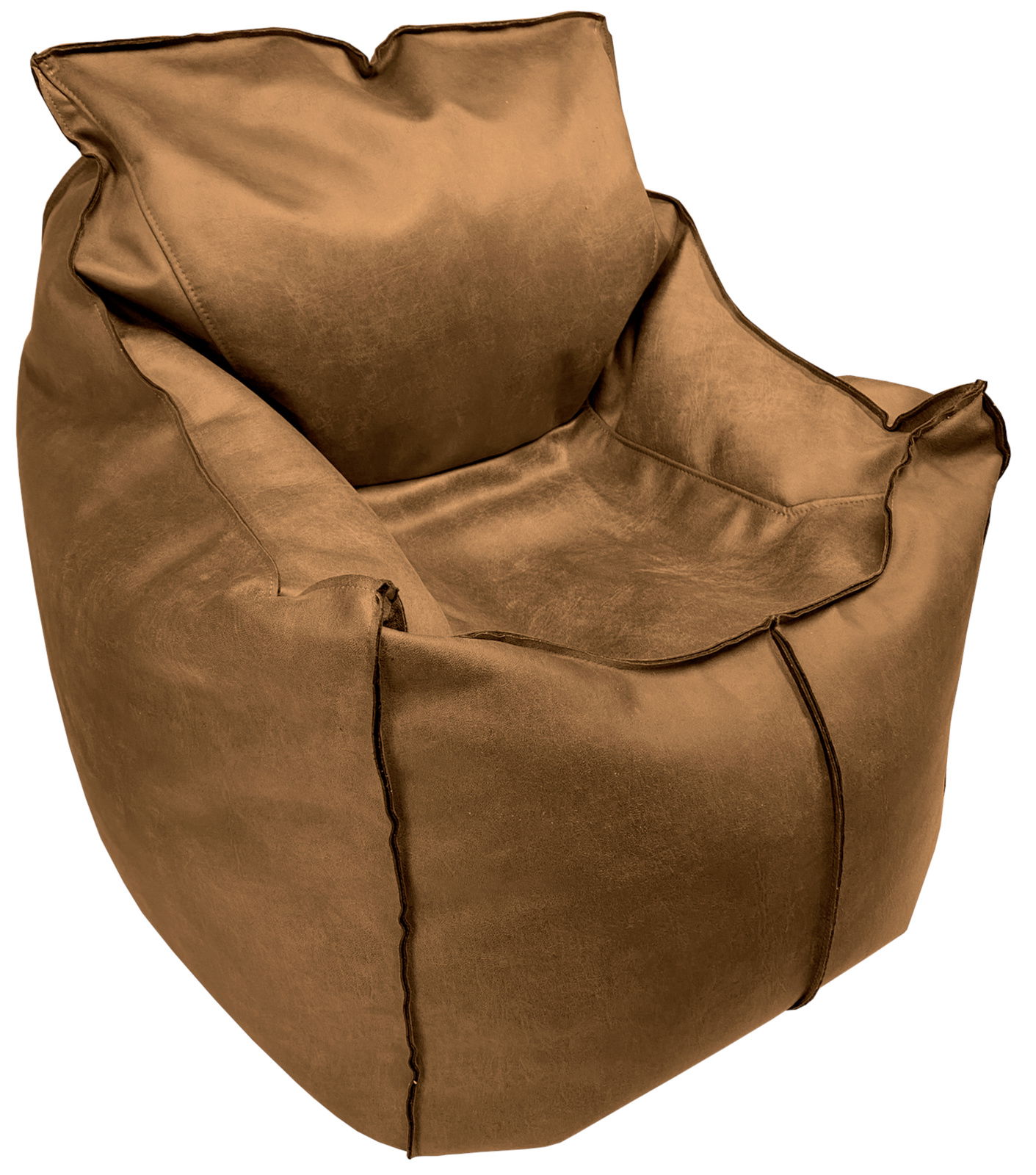 Braunes Loungesofa in Form eines Sitzsacks, aus schräger Perspektive fotografiert.