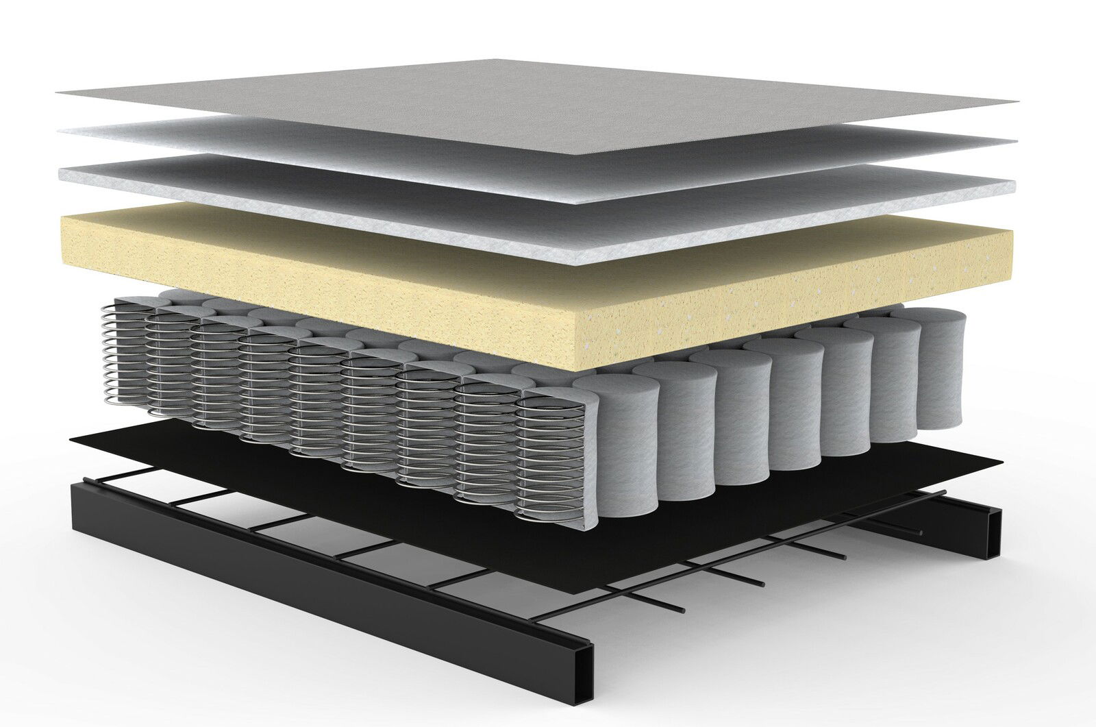 Explosionsdarstellung eines Futonsofas mit mehreren Schichten, darunter Federn, Schaumstoff und Stoffbezüge, seitliche Perspektive