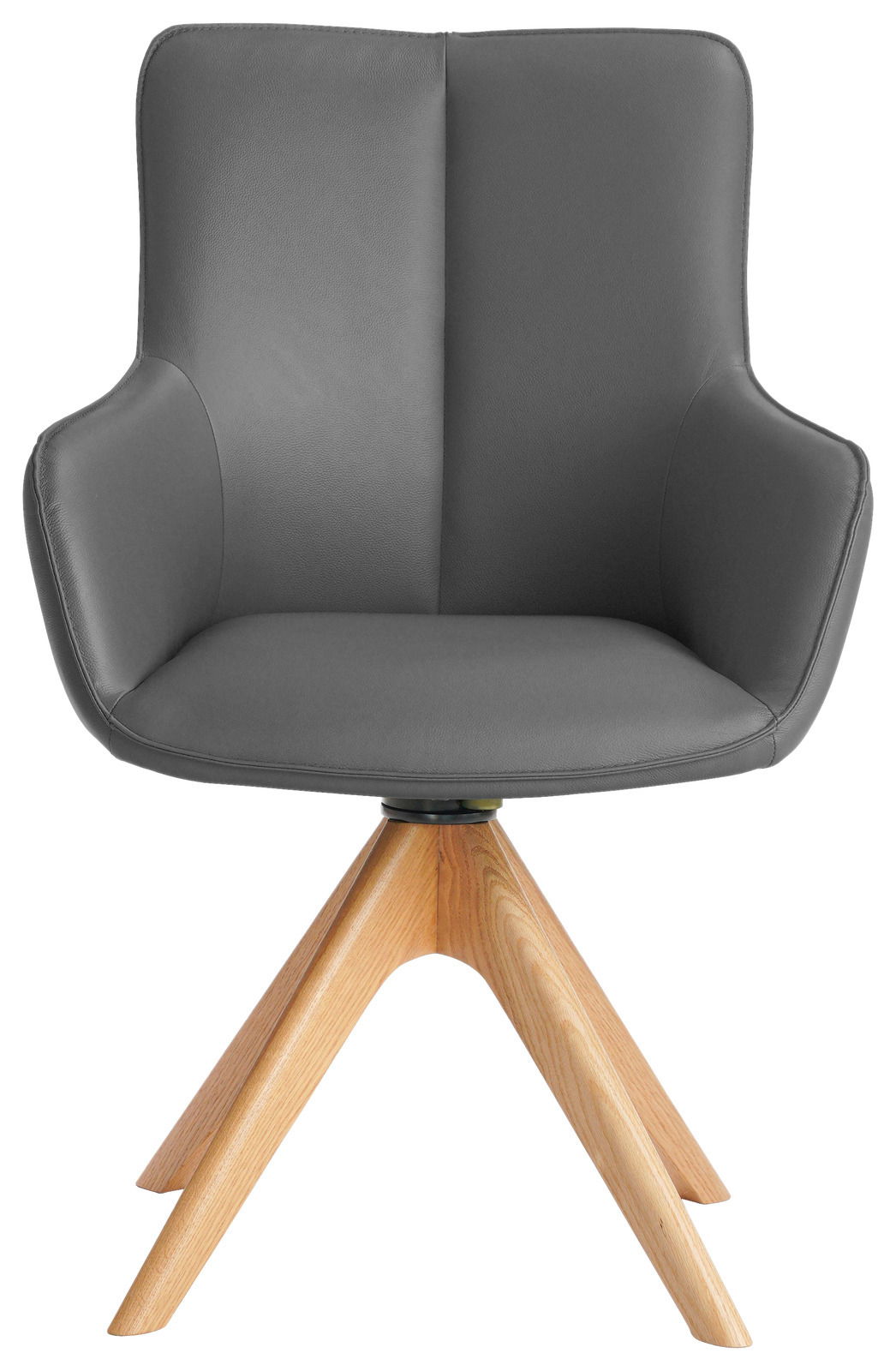 Grauer Armlehnstuhl mit Holzbeinen, Frontalansicht