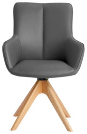 Grijze fauteuil met houten poten, vooraanzicht