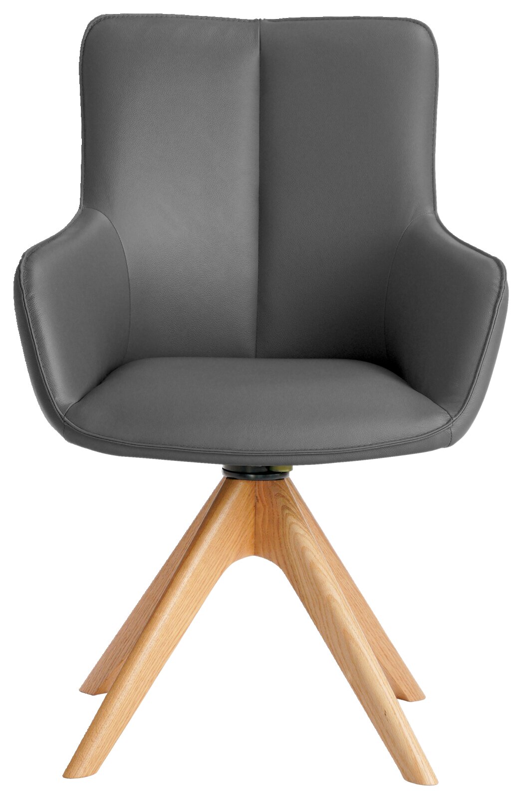 Grijze fauteuil met houten poten, vooraanzicht
