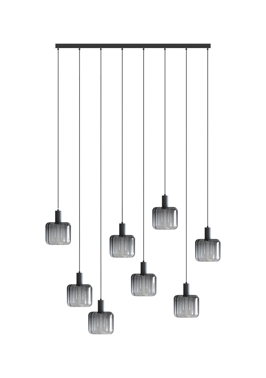 Moderne Hängeleuchte mit acht Glaslampenschirmen, frontale Ansicht