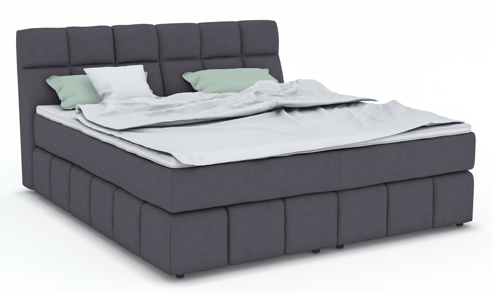 Boxspringbett DOWNTOWN in dunklem Stoffbezug mit hohem Kopfteil, seitliche Perspektive