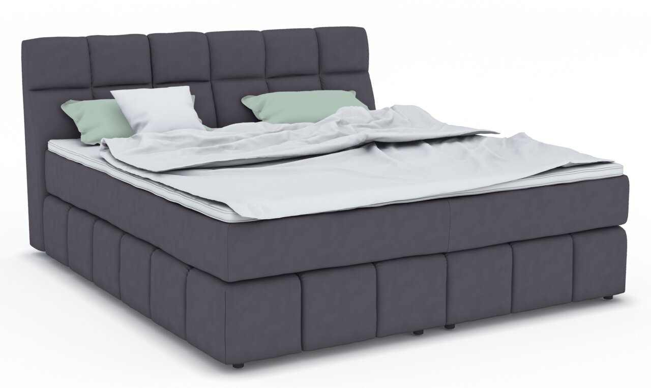 Boxspring DOWNTOWN met donkere stoffen bekleding en hoog hoofdeinde, zijaanzicht