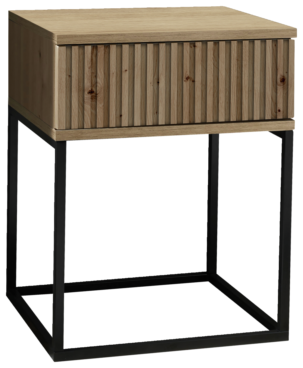 Moderne Nachtkommode aus Holz mit geriffelter Front und schwarzem Metallgestell, seitliche Perspektive