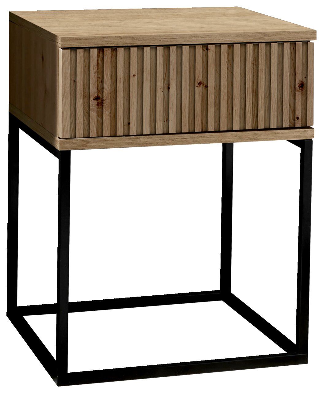 Moderne Nachtkommode aus Holz mit geriffelter Front und schwarzem Metallgestell, seitliche Perspektive