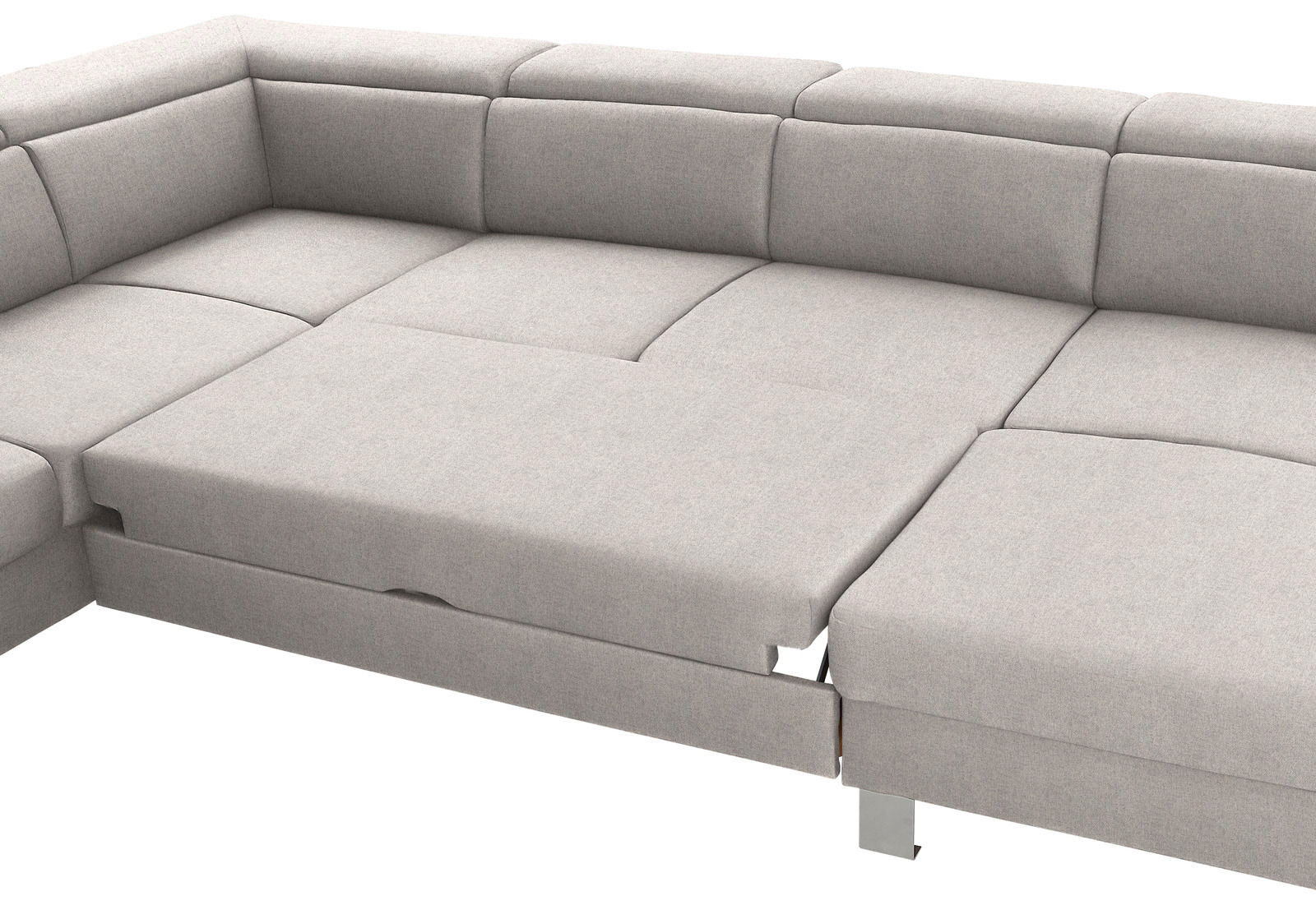 Ecksofa in U-Form mit hellgrauem Stoffbezug, aus der Vogelperspektive fotografiert.