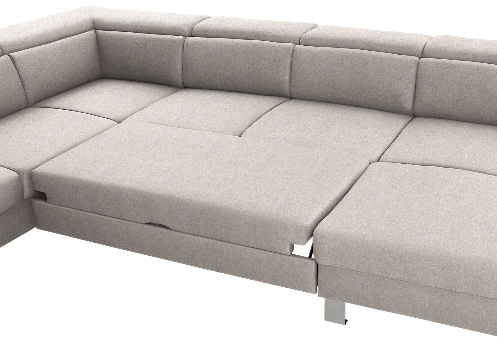 Ecksofa in U-Form mit hellgrauem Stoffbezug, aus der Vogelperspektive fotografiert.