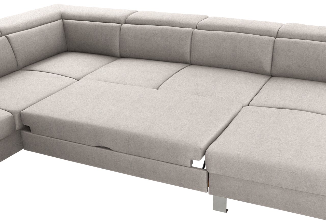 Ecksofa in U-Form mit hellgrauem Stoffbezug, aus der Vogelperspektive fotografiert.