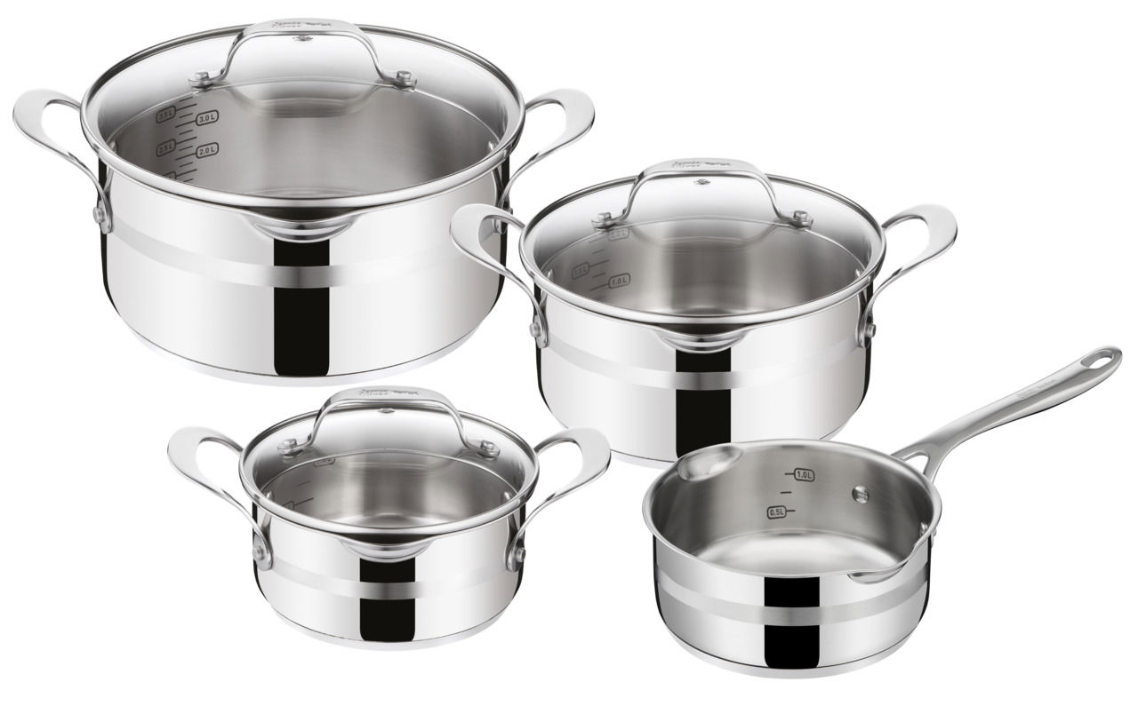 Kochtopfset 7-teilig von Jamie Oliver aus Edelstahl, bestehend aus drei Töpfen mit Deckel und einer Stielkasserolle, aus der Vogelperspektive fotografiert.