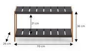 Zweistufiges Schuhregal aus Holz mit schwarzen Ablagen, Vorderansicht; Maße: 70 cm breit, 26 cm tief, 36 cm hoch, Abstand zwischen den Ebenen 21 cm.