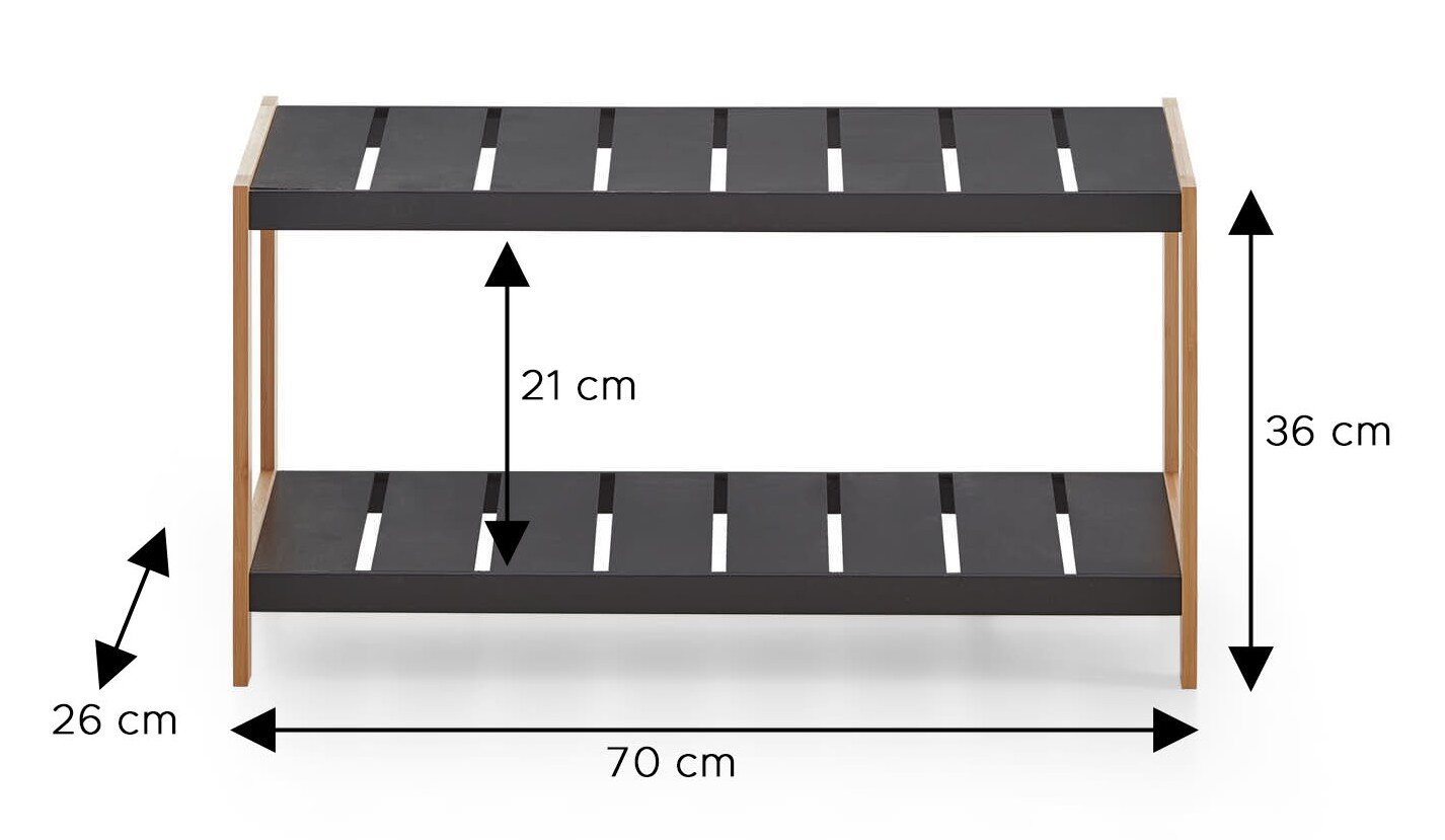 Zweistufiges Schuhregal aus Holz mit schwarzen Ablagen, Vorderansicht; Maße: 70 cm breit, 26 cm tief, 36 cm hoch, Abstand zwischen den Ebenen 21 cm.