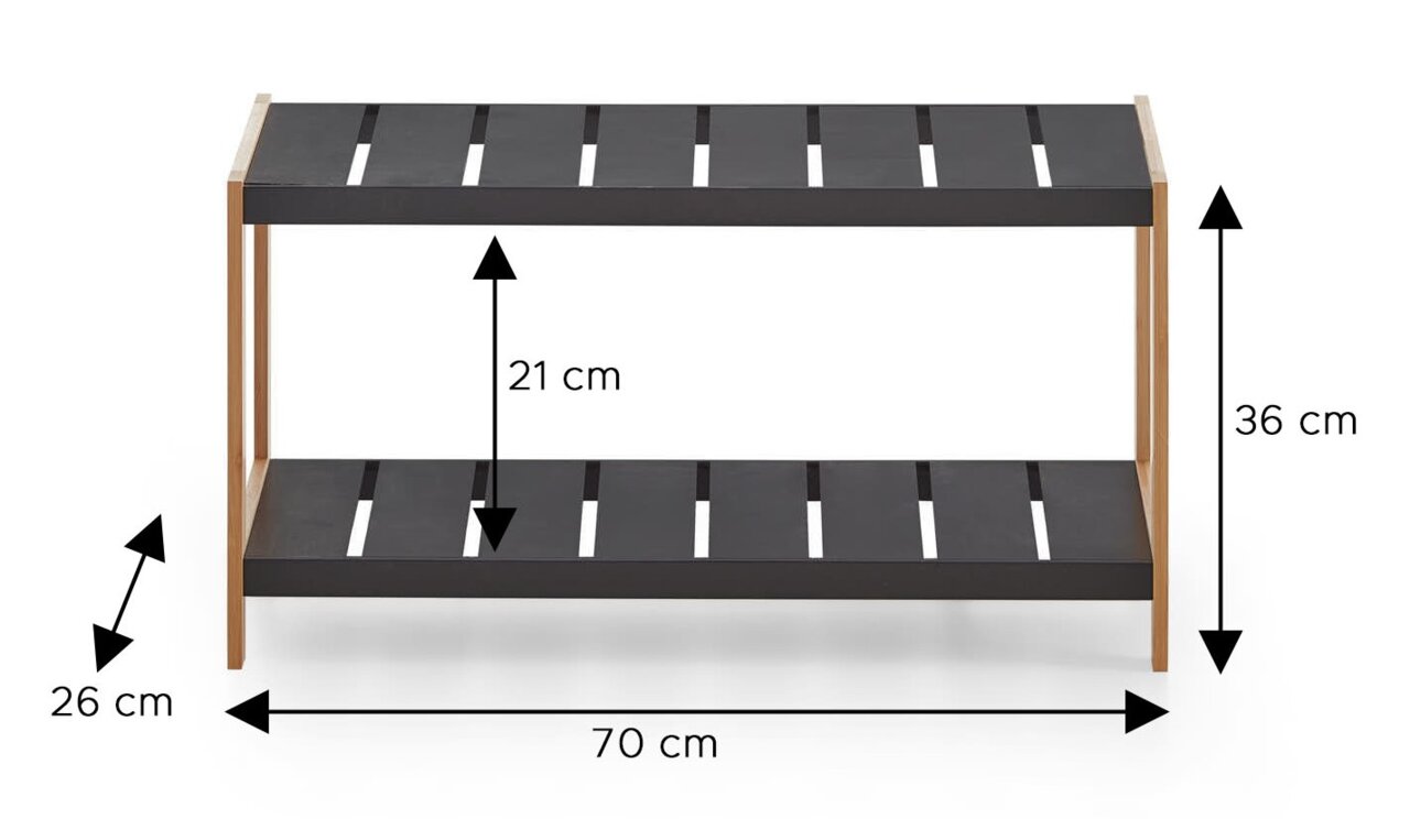 Zweistufiges Schuhregal aus Holz mit schwarzen Ablagen, Vorderansicht; Maße: 70 cm breit, 26 cm tief, 36 cm hoch, Abstand zwischen den Ebenen 21 cm.