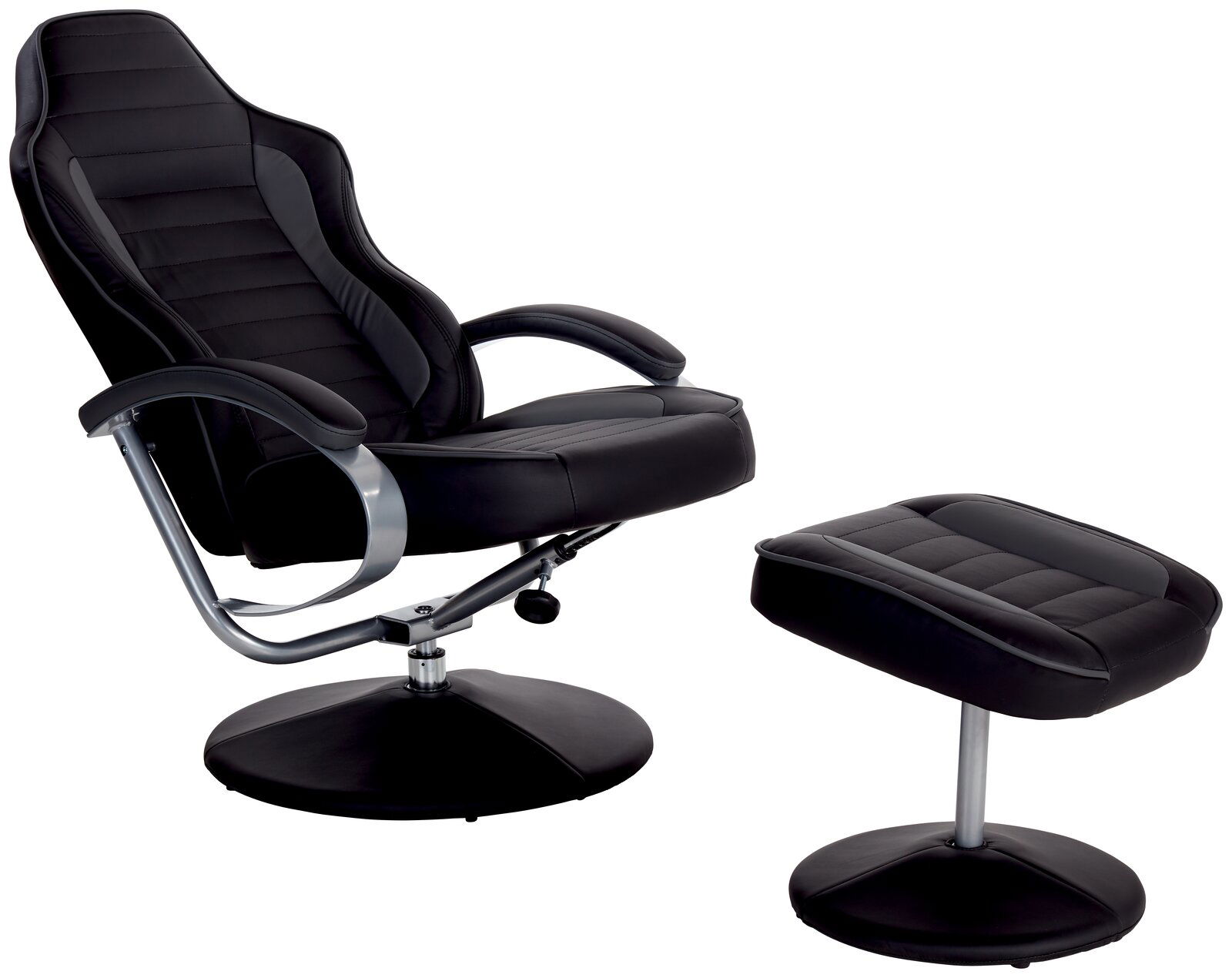 Schwarzer Fernsehsessel mit Hocker, seitliche Perspektive
