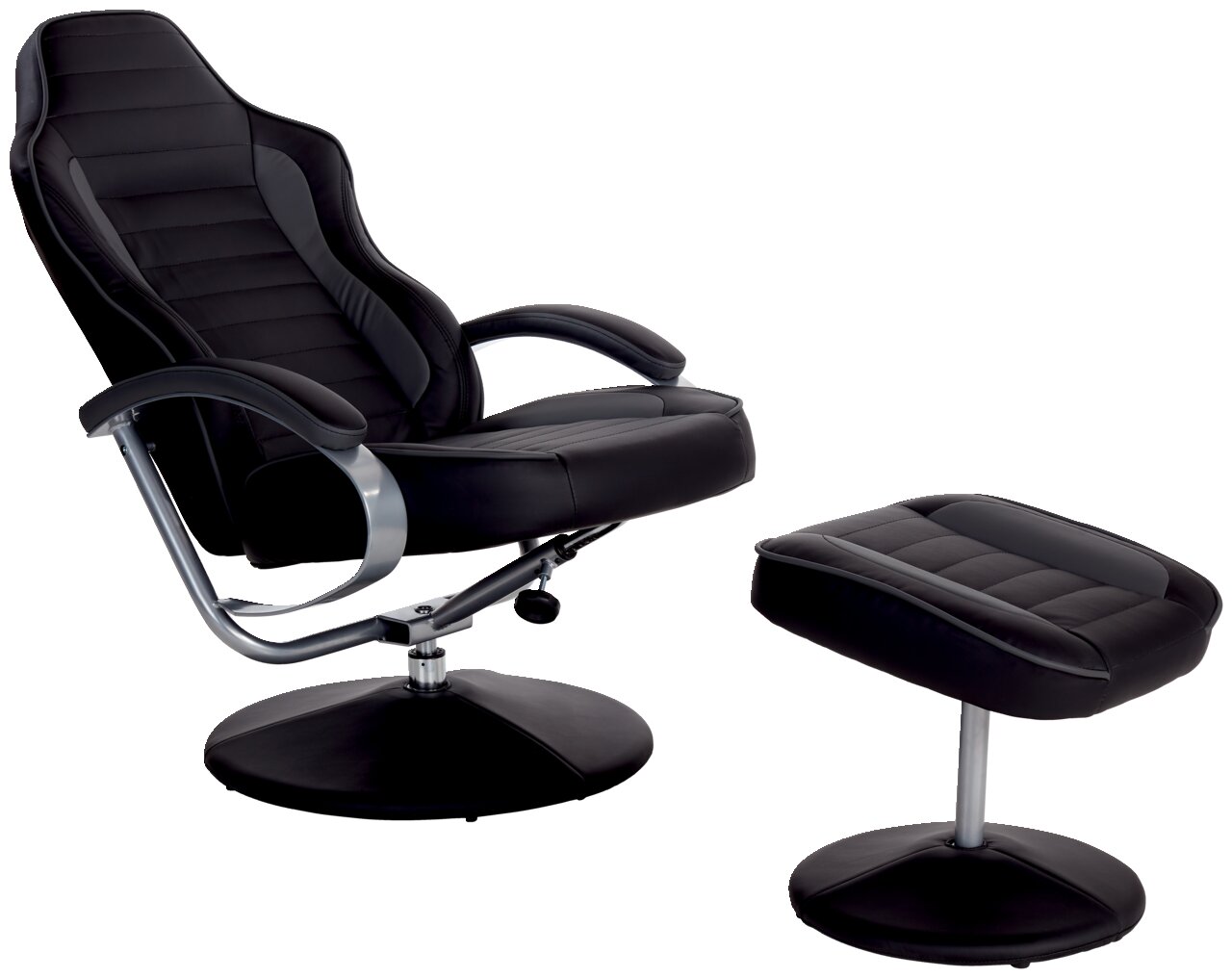 Schwarzer Fernsehsessel mit Hocker, seitliche Perspektive