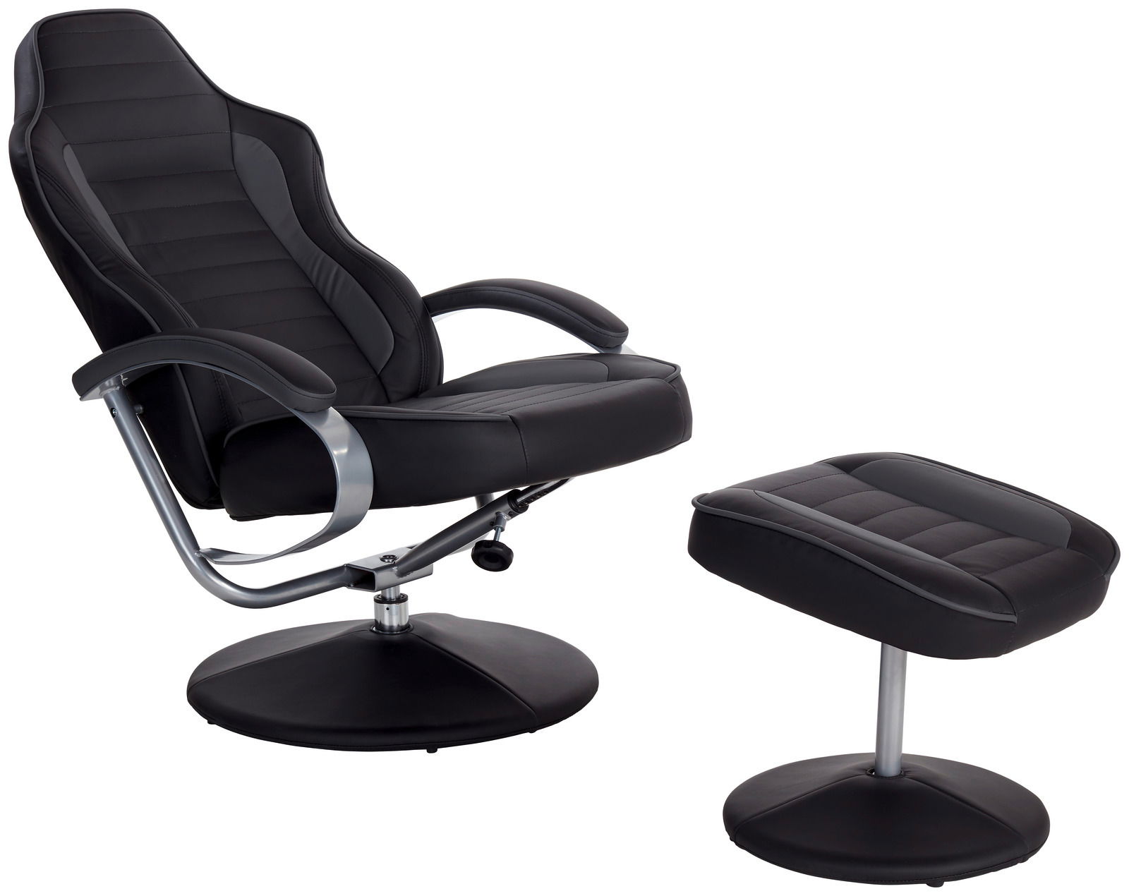 Schwarzer Fernsehsessel mit Hocker, seitliche Perspektive