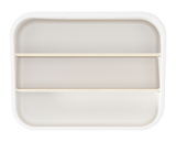 Vogelperspektive auf ein rechteckiges, weißes Tablett mit zwei Holzleisten.